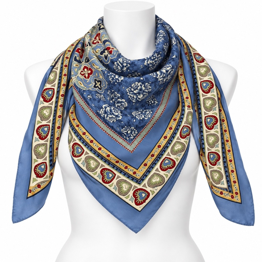 New Stu Square Scarf Blue Floral Heart Medallion Silk Boho Chic Cottagecore